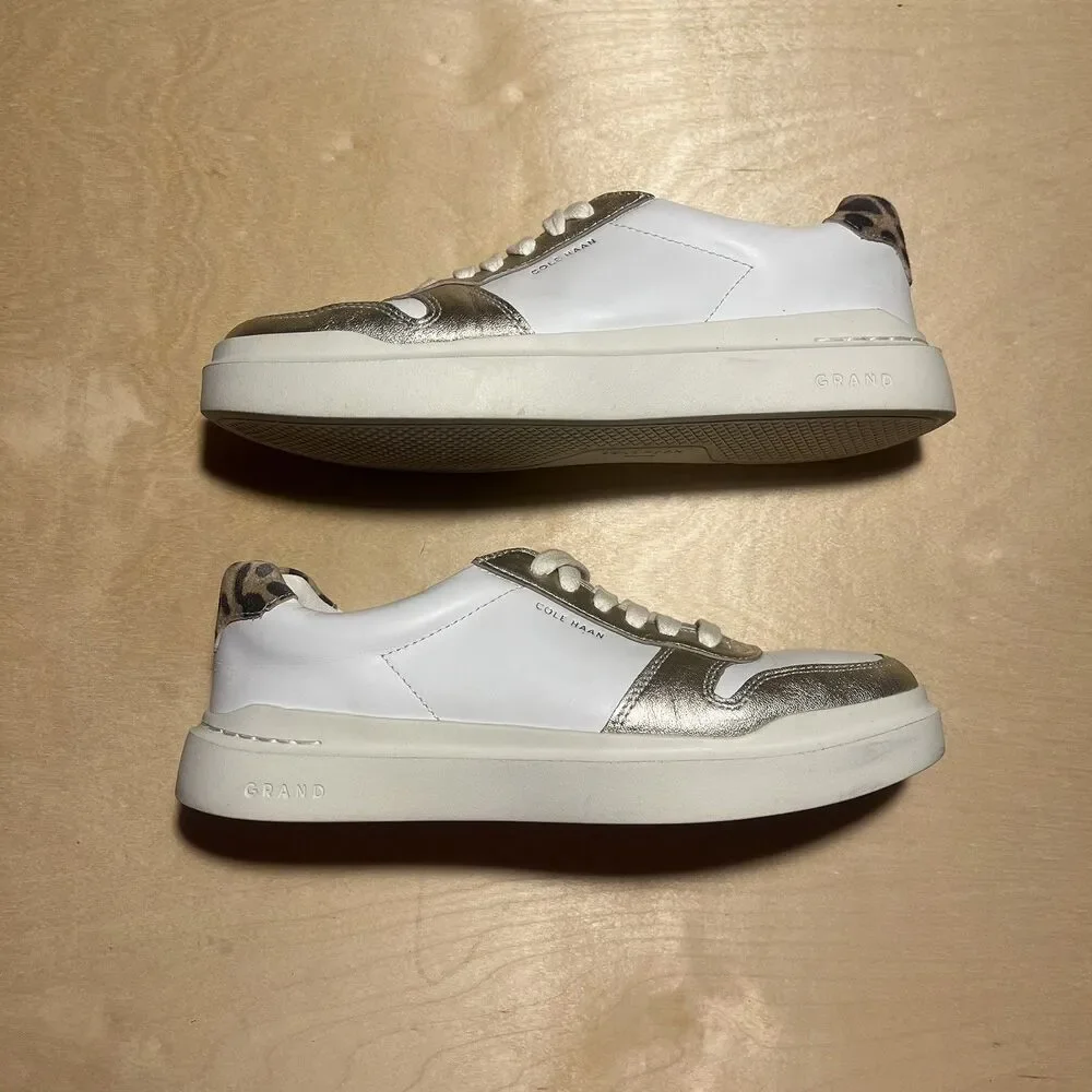 Cole Haan Women GrandPro Rally Court White Gold Leather Leopard Sneaker Size 6.5